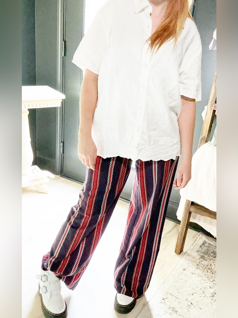 Philosophy Navy Wide-Leg Pants with Red & White Stripes